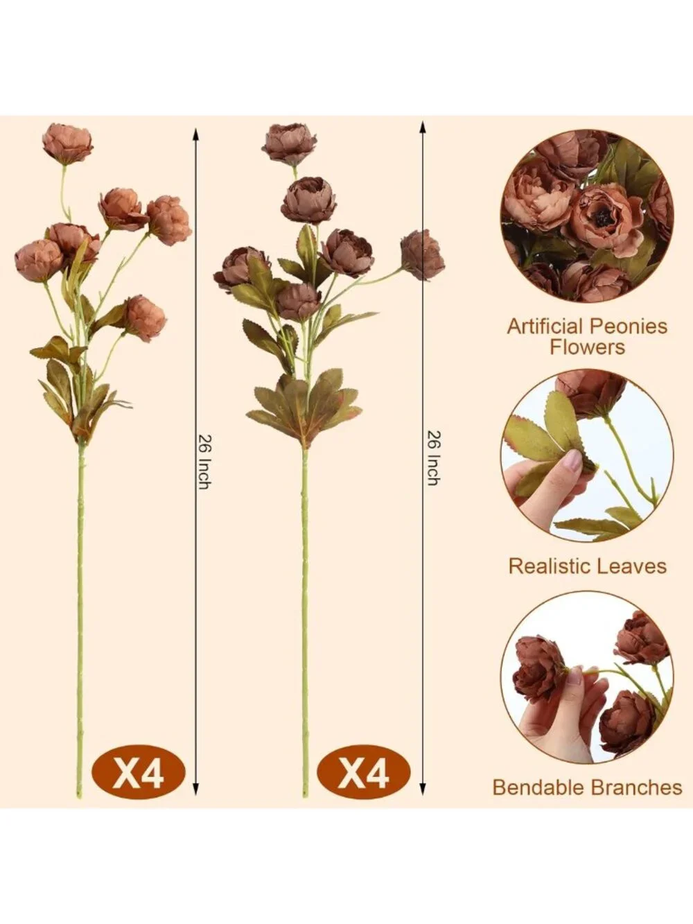8 Pcs 26'' Fall Artificial Peony Stems - Tan & Light Orange Floral Decor